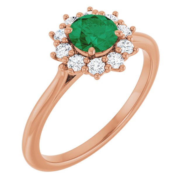 Round Lab-Grown Emerald & Diamond Halo Ring in Rose Gold