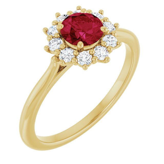 Round Lab-Grown Ruby Halo Ring with Diamond Accents in Yellow Gold