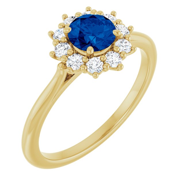 Round Lab-Grown Blue Sapphire & Diamond Halo Ring in Yellow Gold