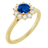 Round Lab-Grown Blue Sapphire & Diamond Halo Ring in Yellow Gold