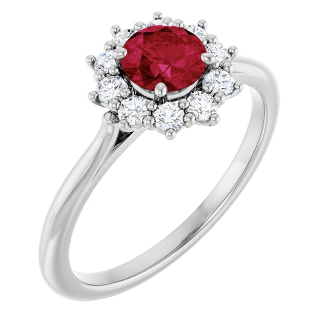 Round Lab-Grown Ruby Halo Ring with Diamond Accents in Platinum