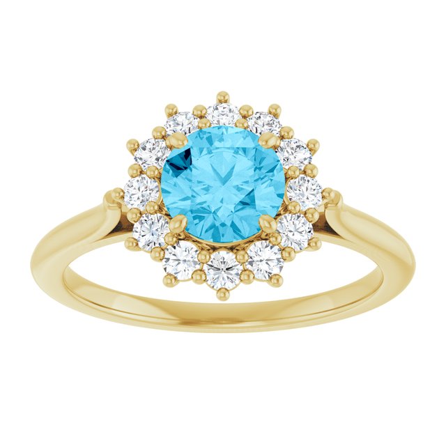 Round Aquamarine & Diamond Halo Ring in Gold and Platinum