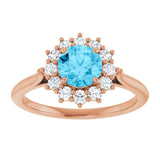 Round Aquamarine Halo Ring with Diamond Accents in Rose Gold