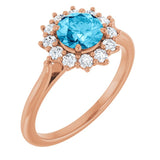 Round Aquamarine Halo Ring with Diamond Accents in Rose Gold