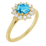 Round Aquamarine & Diamond Halo Ring in Gold and Platinum