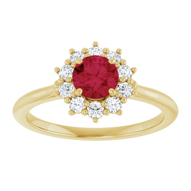 Round Lab-Grown Ruby Halo Ring with Diamond Accents in Yellow Gold