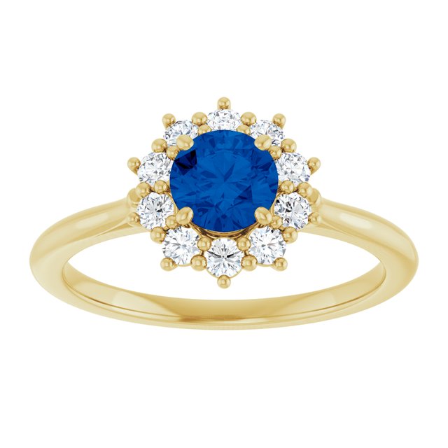 Round Lab-Grown Blue Sapphire & Diamond Halo Ring in Yellow Gold