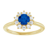 Round Lab-Grown Blue Sapphire & Diamond Halo Ring in Yellow Gold