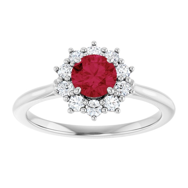 Round Lab-Grown Ruby Halo Ring with Diamond Accents in Platinum