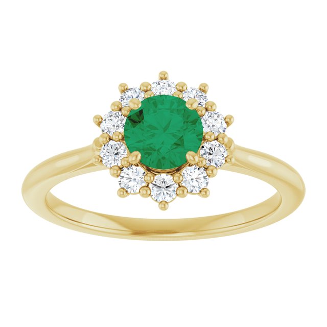 Round Lab-Grown Emerald & Diamond Halo Ring in Yellow Gold