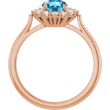 Round Aquamarine Halo Ring with Diamond Accents in Rose Gold