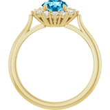 Round Aquamarine & Diamond Halo Ring in Gold and Platinum