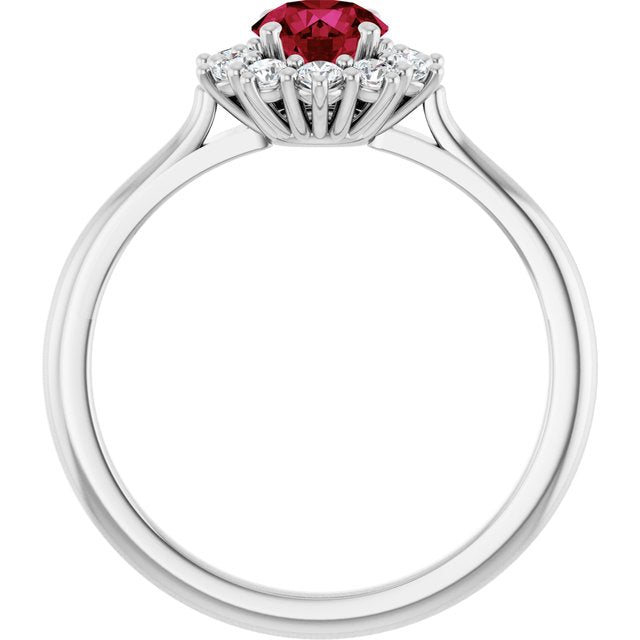 Round Lab-Grown Ruby Halo Ring with Diamond Accents in Platinum