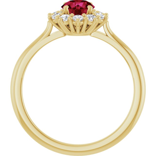 Round Lab-Grown Ruby Halo Ring with Diamond Accents in Yellow Gold