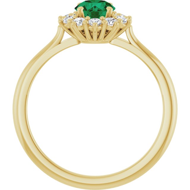 Round Lab-Grown Emerald & Diamond Halo Ring in Yellow Gold