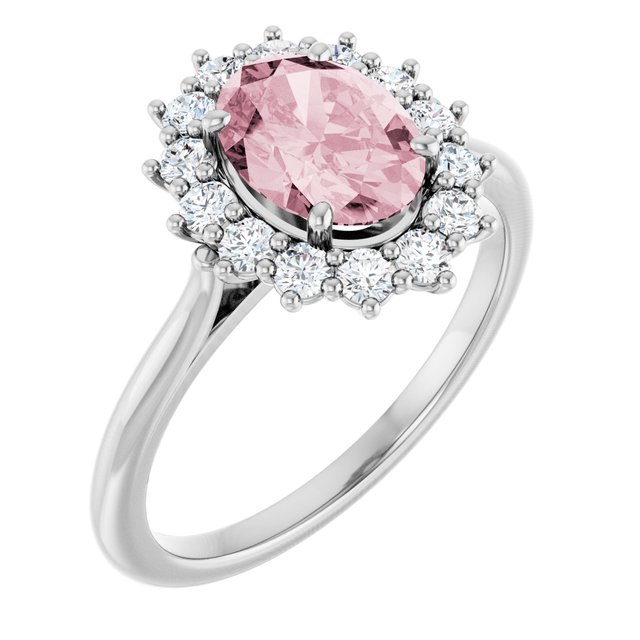 Oval Pink Mandganite Halo Ring with Diamond Accents in Platinum