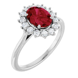 Oval Lab-Grown Ruby Halo Ring with Diamond Accents in Gold