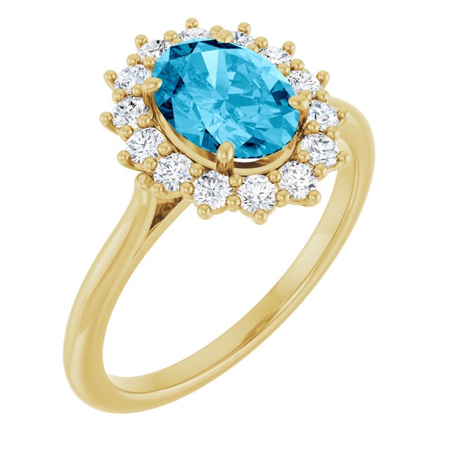 Oval Aquamarine Halo Ring with Diamond Accents in Yellow Gold