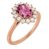Oval Pink Tourmaline & Diamond Halo Ring in Gold and Platinum