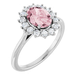 Oval Pink Mandganite Halo Ring with Diamond Accents in Platinum
