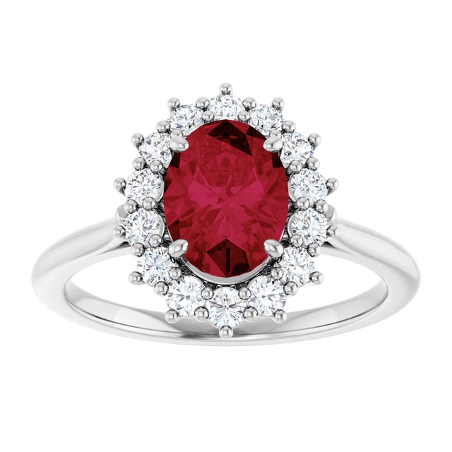 Oval Lab-Grown Ruby Halo Ring with Diamond Accents in Gold