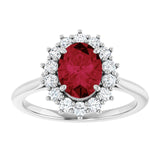 Oval Lab-Grown Ruby Halo Ring with Diamond Accents in Gold