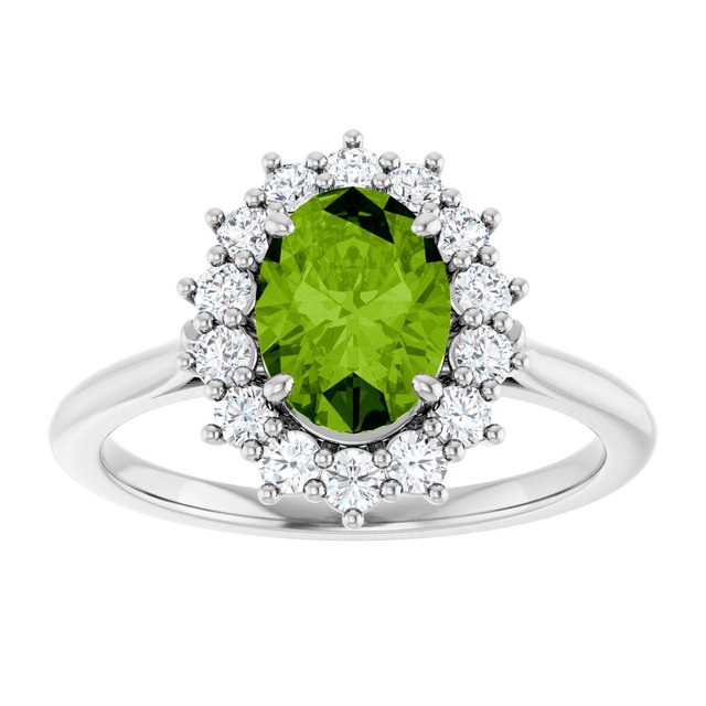 Oval Peridot Halo Ring with Diamond Accents in Gold