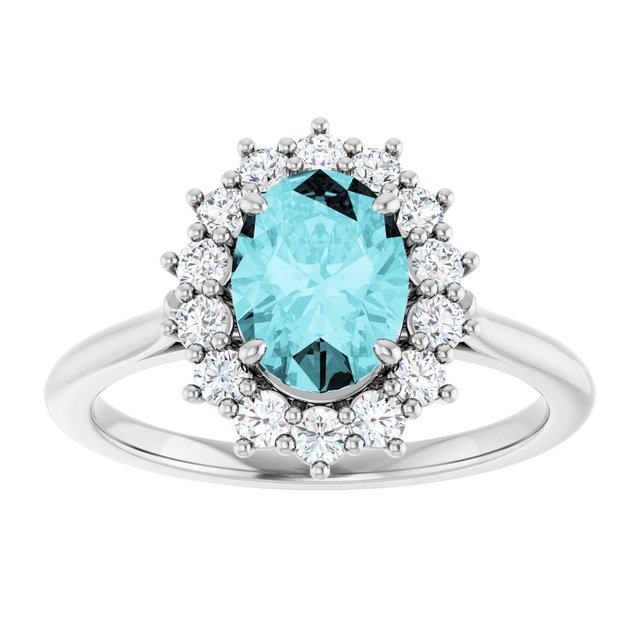 Oval Blue Zircon Halo Ring with Diamond Accents in Gold