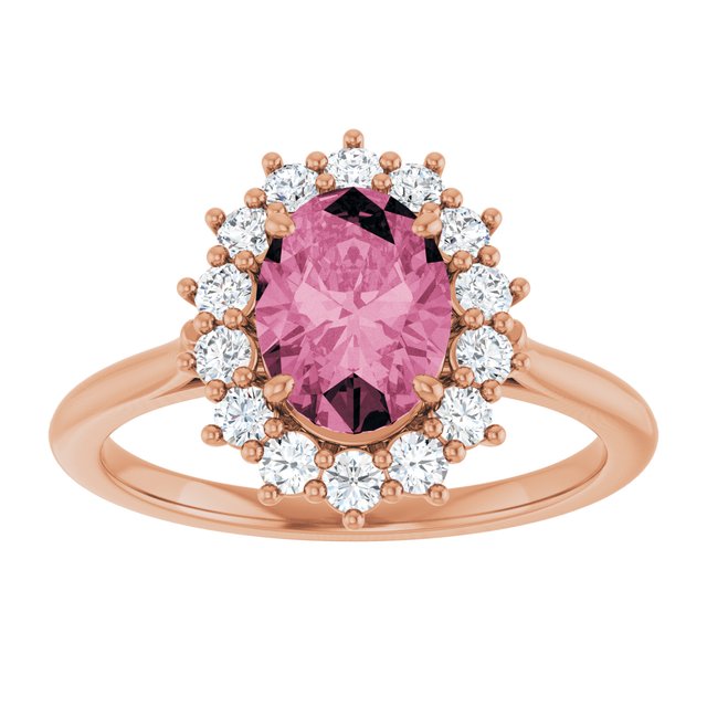 Oval Pink Tourmaline & Diamond Halo Ring in Gold and Platinum