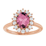 Oval Pink Tourmaline & Diamond Halo Ring in Gold and Platinum