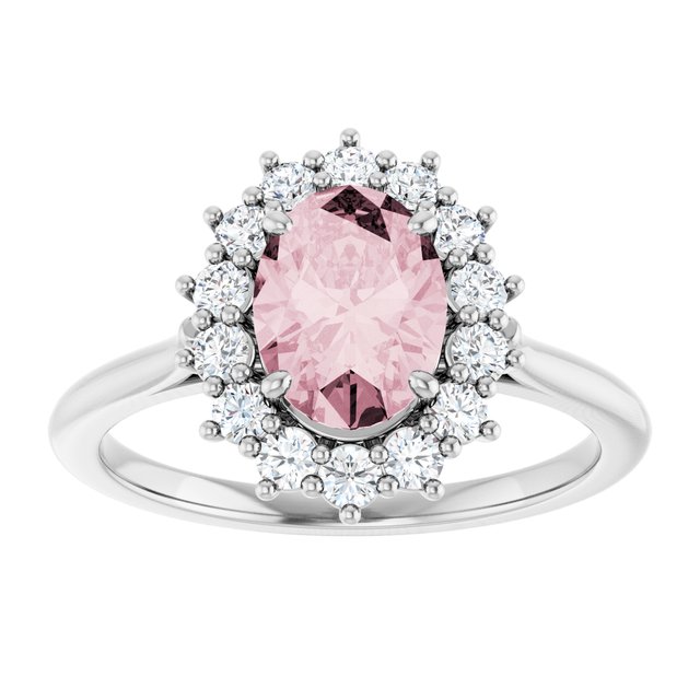 Oval Pink Mandganite Halo Ring with Diamond Accents in Platinum