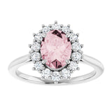 Oval Pink Mandganite Halo Ring with Diamond Accents in Platinum