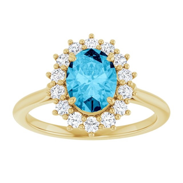 Oval Aquamarine Halo Ring with Diamond Accents in Yellow Gold