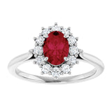 Oval Lab-Grown Ruby & Diamond Halo Ring in Gold and Platinum