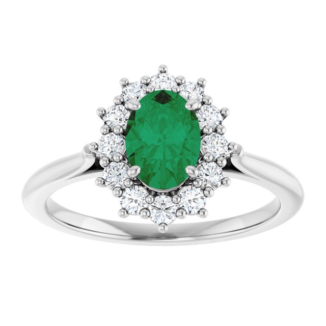Oval Lab-Grown Emerald & Diamond Halo Ring in Gold and Platinum