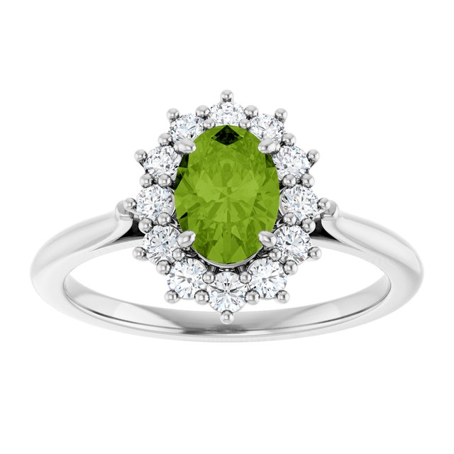 Oval Peridot Halo Ring with Diamond Accents in Gold and Platinum