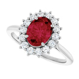 Oval Lab-Grown Ruby Halo Ring with Diamond Accents in Gold