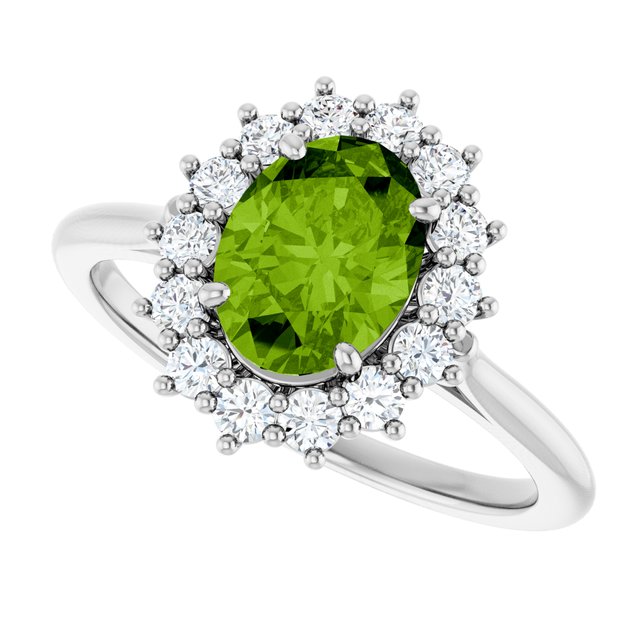 Oval Peridot Halo Ring with Diamond Accents in Gold