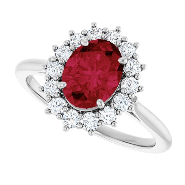 Oval Lab-Grown Ruby Halo Ring with Diamond Accents in Gold