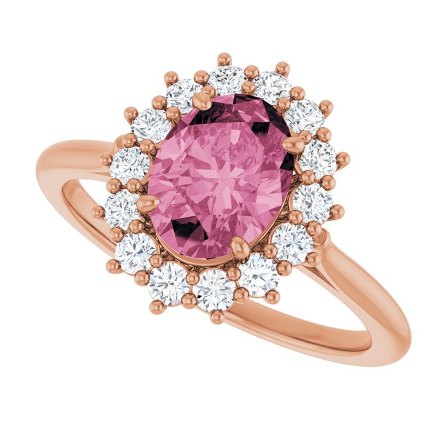 Oval Pink Tourmaline & Diamond Halo Ring in Gold and Platinum