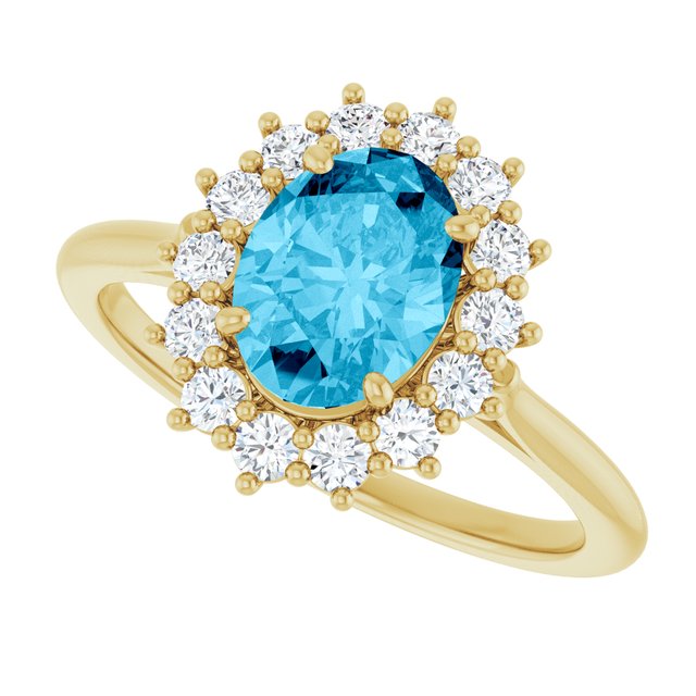 Oval Aquamarine Halo Ring with Diamond Accents in Yellow Gold