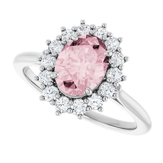 Oval Pink Mandganite Halo Ring with Diamond Accents in Platinum