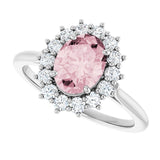 Oval Pink Mandganite Halo Ring with Diamond Accents in Platinum