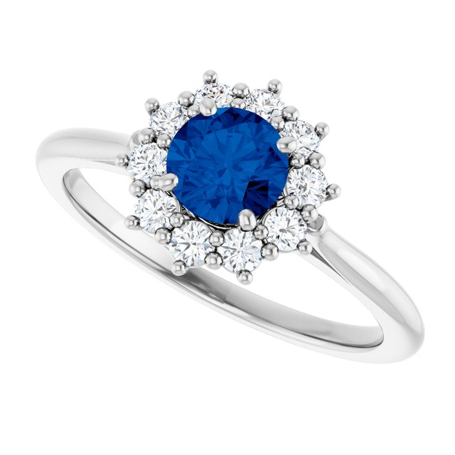 Round Lab-Grown Blue Sapphire & Diamond Halo Ring in Platinum