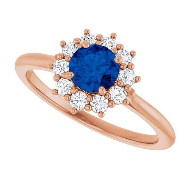 Round Lab-Grown Blue Sapphire & Diamond Halo Ring in Rose Gold