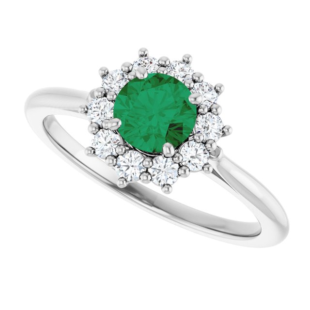 Round Lab-Grown Emerald Halo Ring with Diamond Accents in Platinum
