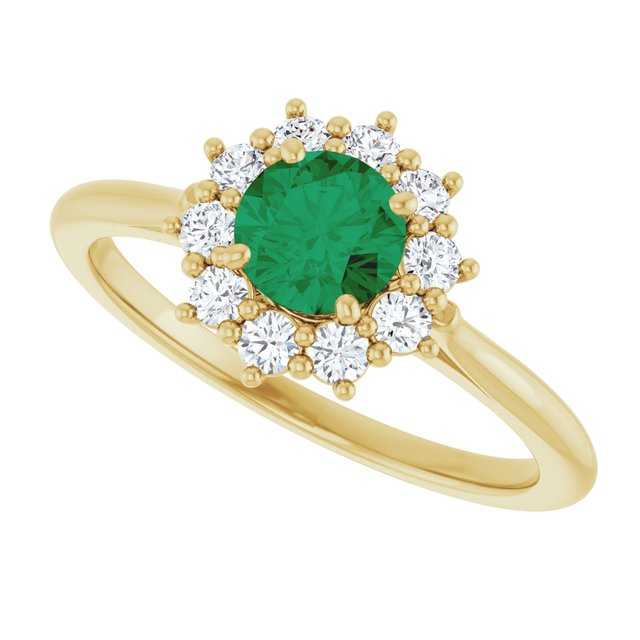 Round Lab-Grown Emerald & Diamond Halo Ring in Yellow Gold