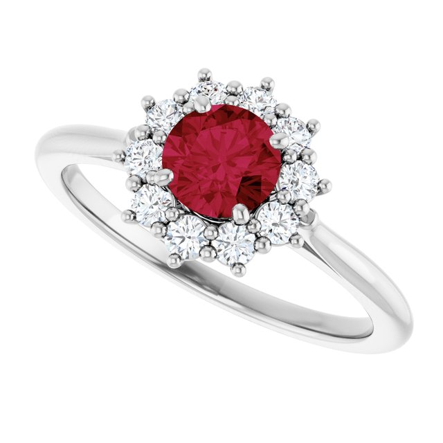 Round Lab-Grown Ruby Halo Ring with Diamond Accents in Platinum