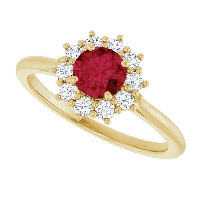 Round Lab-Grown Ruby Halo Ring with Diamond Accents in Yellow Gold