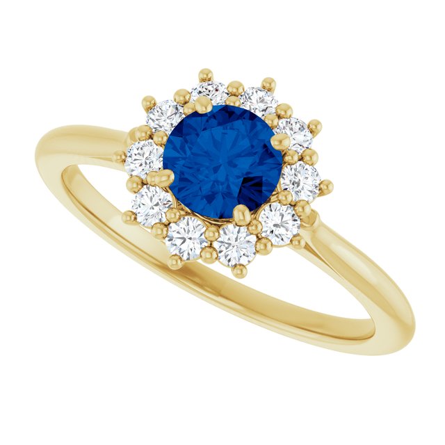Round Lab-Grown Blue Sapphire & Diamond Halo Ring in Yellow Gold